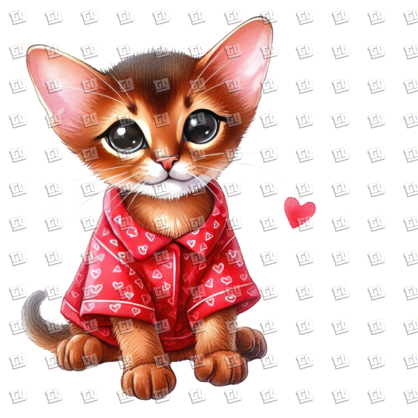 Cute Kitten with Pointy Ears and Pink Heart Shirt` - Valentines - DTF Transfer