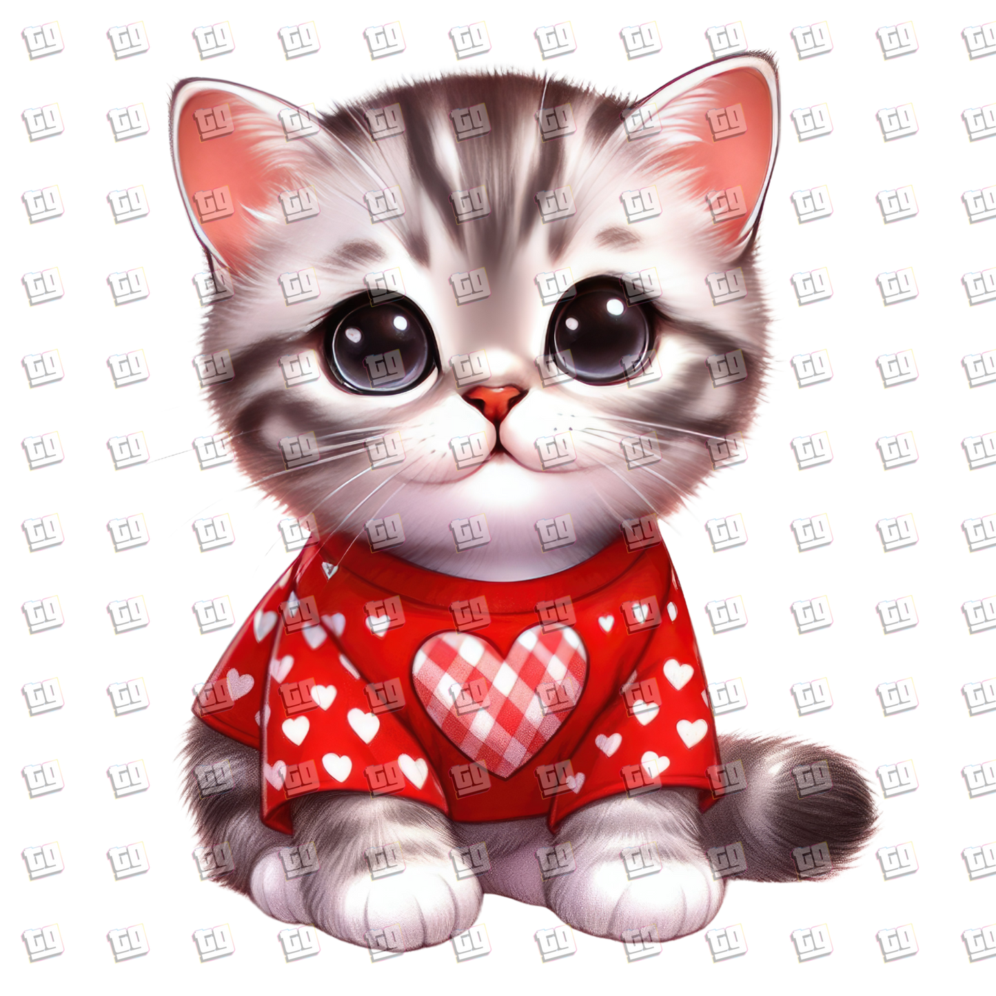 Cute Kitten With Red Shirt With Heart Pattern - Valentines - DTF Transfer