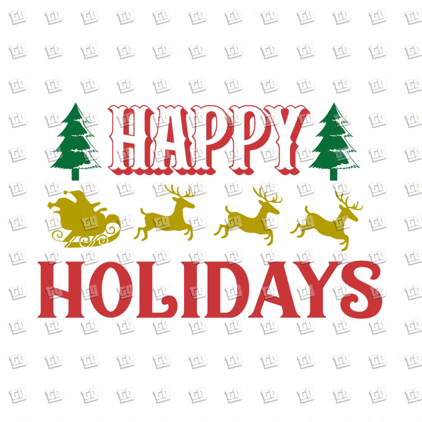 Happy Holidays (Christmas Tree, Santa Sleigh, Reindeer) - Holidays - DTF Transfer