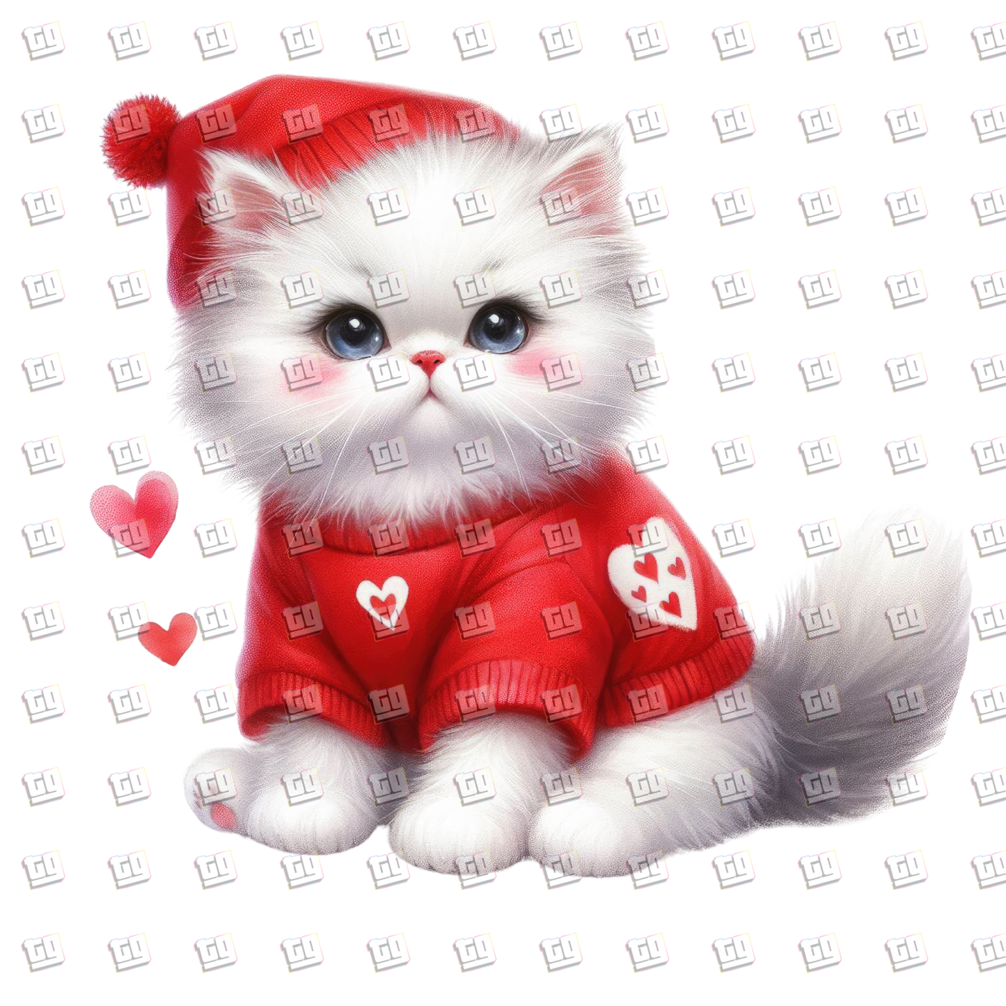 White Kitten With Red Hat and Sweater- Valentines - DTF Transfer
